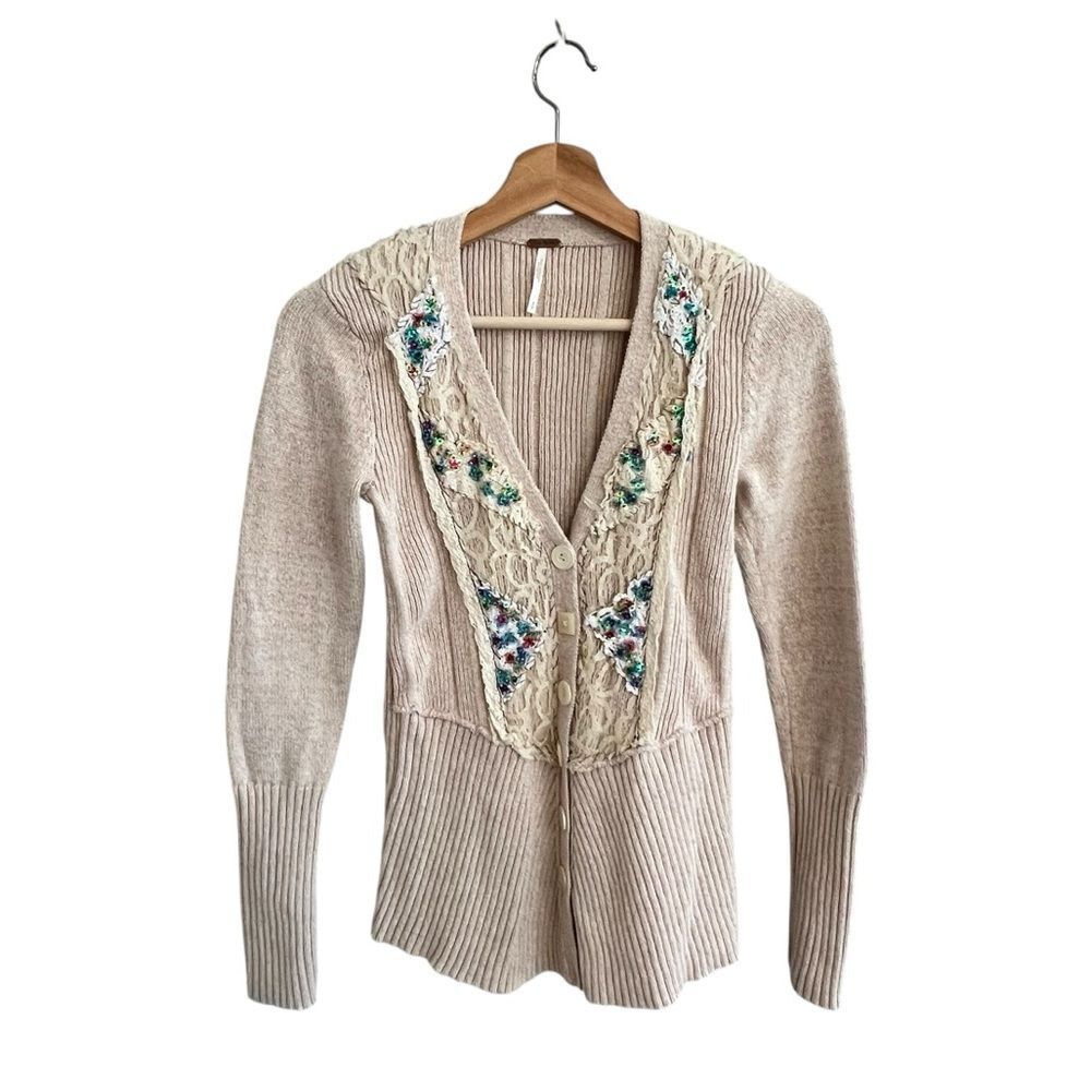 Free People silk cotton Cream Floral Embroidered V-Neck Cardigan - Picture 2 of 8